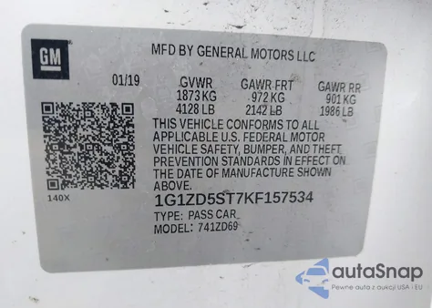 2019 Chevrolet Malibu Lt из США, поврежденный, VIN 1G1ZD5ST7KF157534